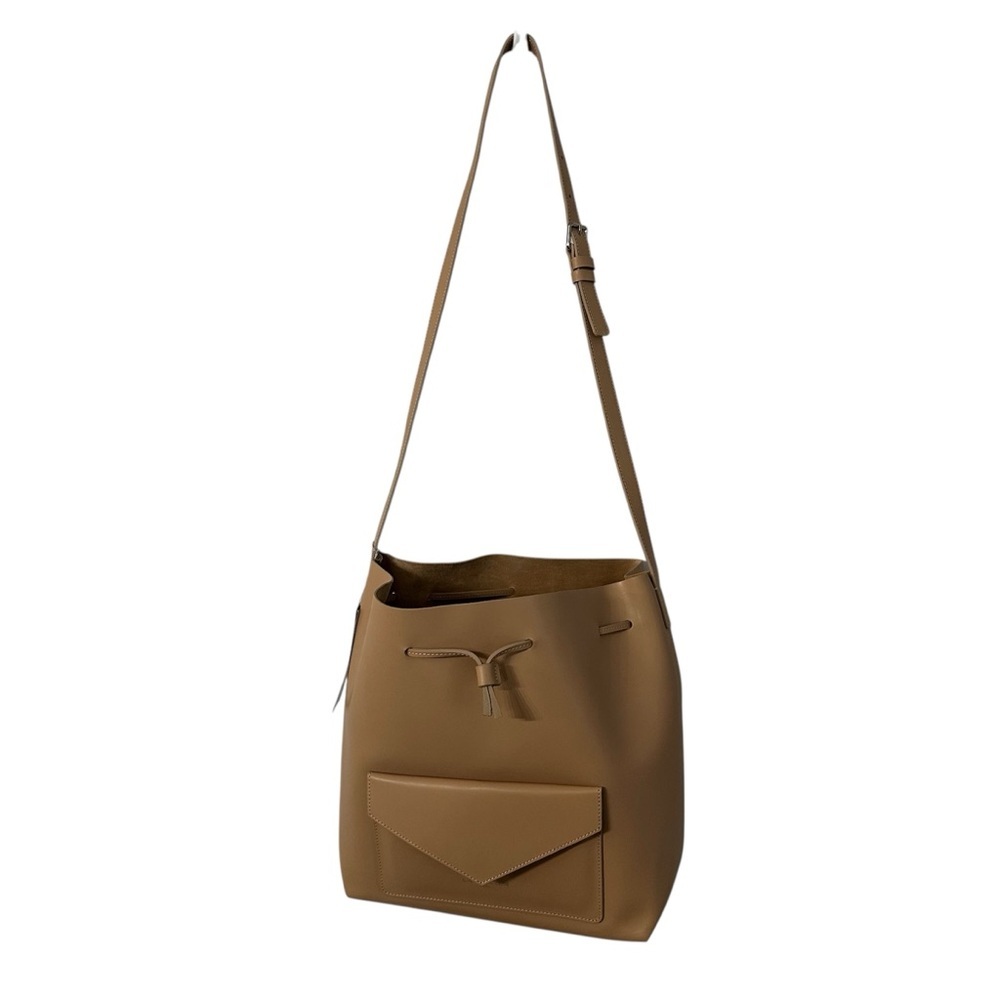 Lancaster Tan Leather Bucket Shoulder Bag with Cinch Closure & Front Pocket NWT